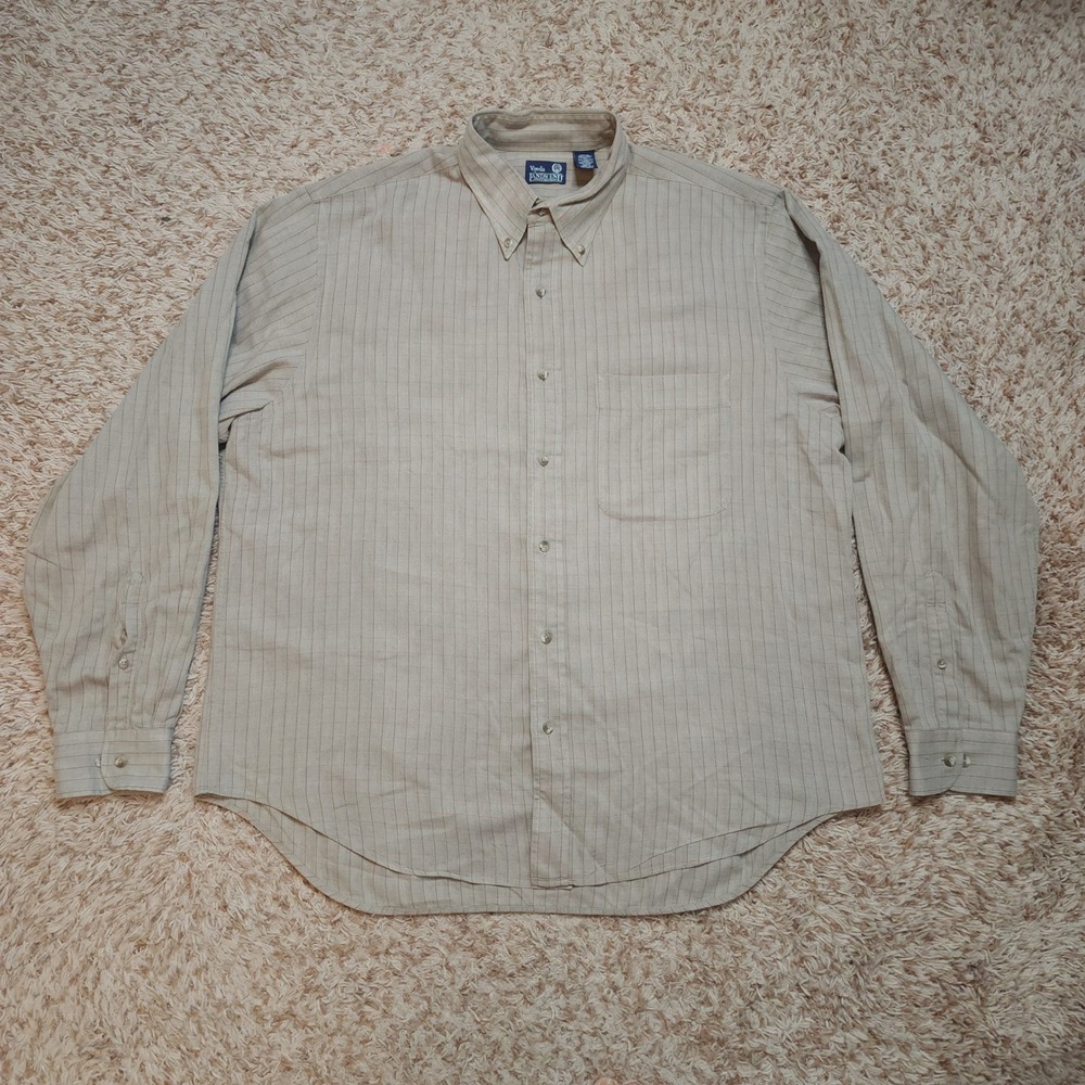 Lands End Viyella Shirt Mens XL Tan Pinstripe Cotton Wool Blend Button Down